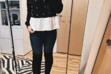With white t-shirt, jeans and black over the knee boots