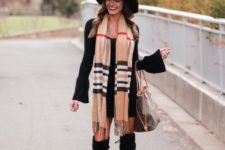 With wide brim hat, printed scarf and over the knee boots