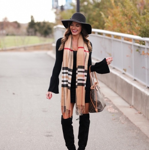 With wide brim hat, printed scarf and over the knee boots
