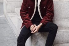 a black tee, black skinnies, plum-colored boots, a burgundy coat with white fur for a relaxed look