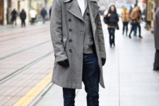 a casual look with navy jeans, cognac shoes, a white tee and a grey cardigan, a grey coat and black gloves