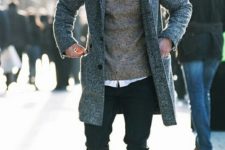 black skinnies, a white shirt, a brown sweater, a grey coat and beige boots