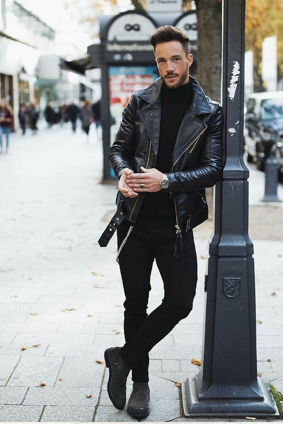 make an impression with a total black look with a turtleneck, skinnies, a leather jacket and boots