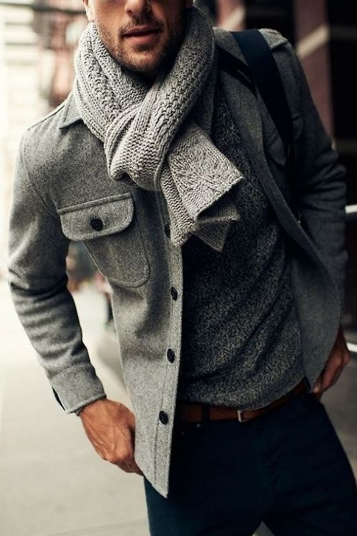 navy jeans, a grey sweater, a grey cable knit scarf and a grey short coat for a casual and comfy outfit