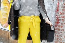 03 bright yellow pants, a striped top with long sleeves, black shoes and an animal print coat