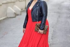 10 a bold look with a red spaghetti strap maxi dress with ruffles, a black leather jacket, black shoes and red earrings