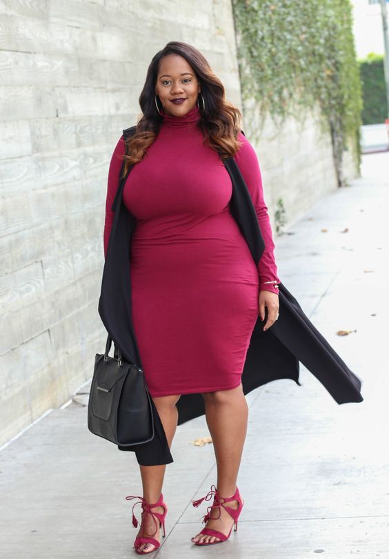 a hot look with a fuchsia turtleneck dress, a black long vest, a black bag and fuchsia lace up shoes