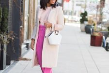 14 a business outfit done in pastels and pink, with bright pants and blush elements plus a white bag