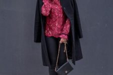 15 a cool look with black leather pants, black embellished shoes, a red floral blouse and a black coat