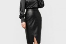 With black leather wrap knee-length skirt and high heels