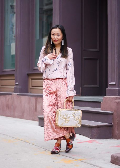 With blouse, white and beige bag and printed shoes
