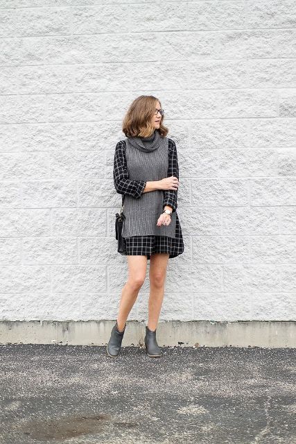 With checked mini dress, black bag and gray boots