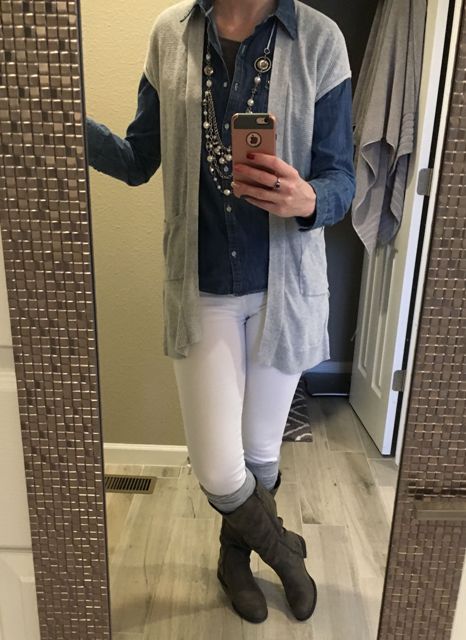 With denim shirt, white pants, gray high boots and necklace