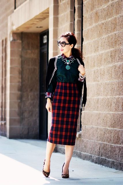 With emerald blouse, cardigan, leopard shoes and sunglasses