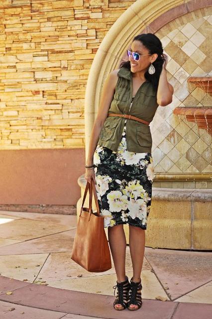 With floral dress, brown leather tote and shoes