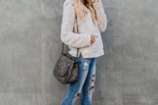 With jeans, gray bag and cutout boots