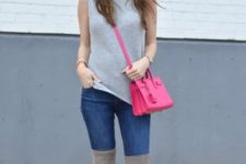With jeans, gray over the knee boots and pink bag
