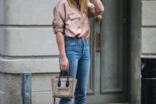 With jeans, small bag and beige pumps