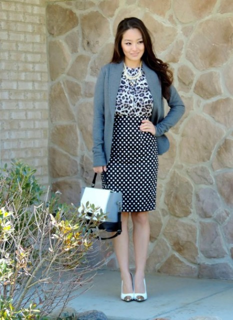 With leopard shirt, gray blazer, bag and white and golden shoes