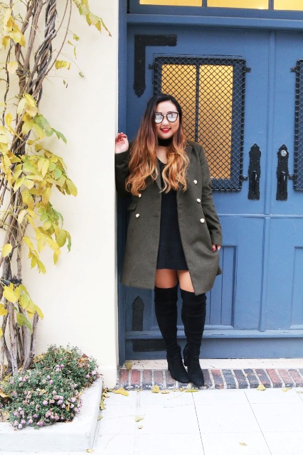 With olive green coat and black over the knee boots