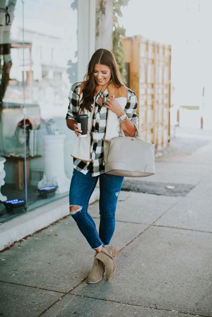 With plaid shirt, distressed jeans, beige bag and ankle boots