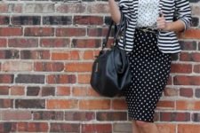 With polka dot blouse, striped blazer, black bag and hot pink pumps