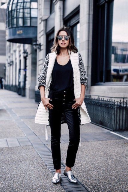 With top, cardigan and silver shoes