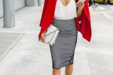 With white top, red blazer, white clutch and red high heels