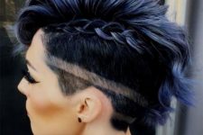 a dark blue long undercut pixie with a geometric pattern and an additional braid to accent your hair