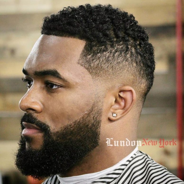 edge up and a high-low fade features some texture though the hair is pretty short