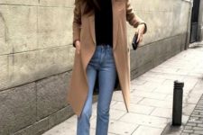 09 a casual and comfy look with a black tee, blue jeans, a camel coat and black pointed flats