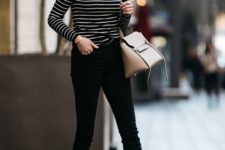 11 an effortless look with a striped turtleneck, black jeans, nude shoes and a bag