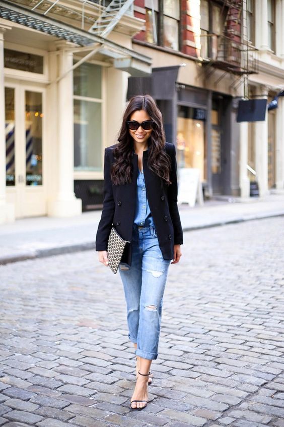 a simple spring outfit with jeans and a chambray shirt, a black blazer and black heeled sandals