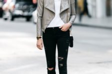 16 a cool spring look with a white tee, black ripped jeans, a grey leather jacket and black heeled sandals