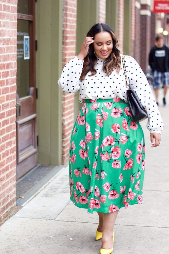 mixing prints with a polka dot shirt, a bright green floral midi and yellow shoes
