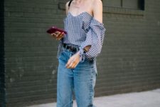 With checked off the shoulder top, cropped jeans and sunglasses
