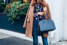 With floral shirt, camel coat, navy blue bag and marsala lace up shoes