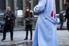 With jeans and light blue midi coat
