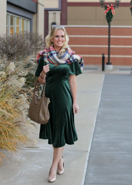 With plaid scarf, leather bag and beige pumps
