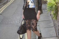 With printed shirt, jacket, black bag and black ankle boots