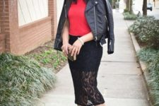 With red shirt, black leather jacket and embellished clutch