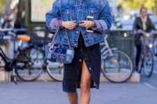 a trendy look with a denim jacket and a denim skirt