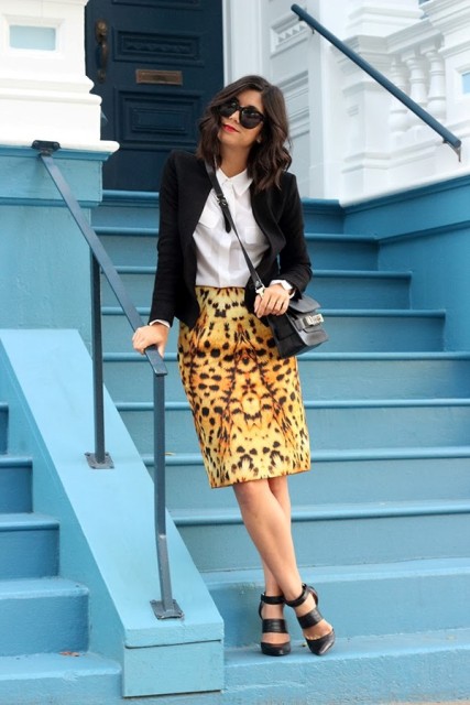 With white button down shirt, black blazer, crossbody bag and shoes