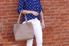 With white skinny pants, tote bag and beige high heels