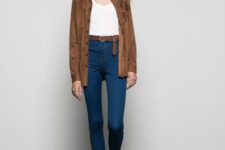 With white t-shirt, brown jacket and brown suede boots