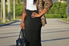 With white top, black midi skirt, tote bag and black shoes