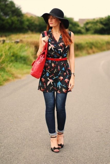 With wide brim hat, red bag, red belt and ankle strap shoes
