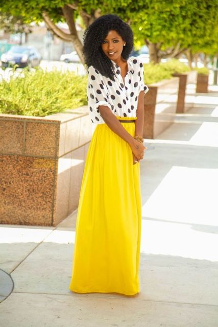 With yellow maxi skirt