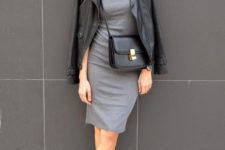 04 a grey casual knee dress, an oversized black leather jacket, grey sneakers and a black bag