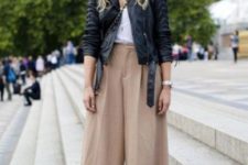 04 camel culottes, a white top, a black leather jacket and printed shoes plus a crossbody bag